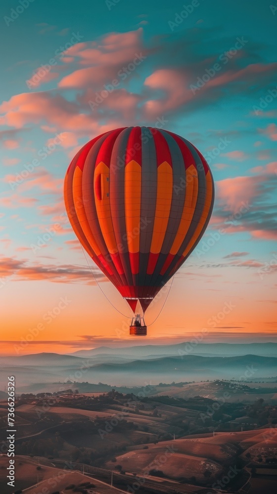 A hot air balloon gracefully soars high in the sky, showcasing its vibrant colors and unique shape.