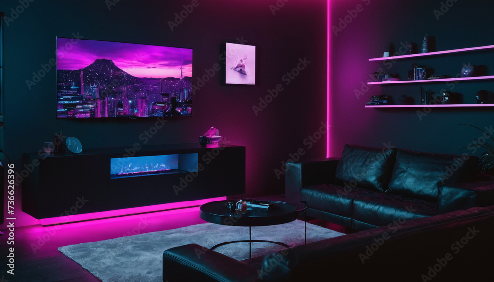 Home cinema, living room with colored LED lighting - Smart home. Big Tv ...