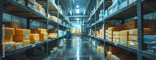 A photo capturing a cheese production corridor with an abundance of shelves filled with yellow boxes.