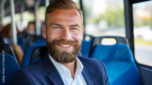 Happy businessman commuting by bus, reducing air pollution on public transportation