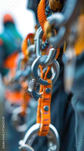 A detailed view of multiple metal chains, possibly used as fall arrest devices for high-altitude work. photo