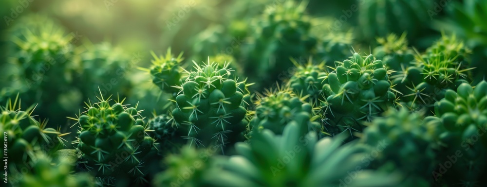 This close-up photo captures the vibrant green color of a bunch of cacti plants.