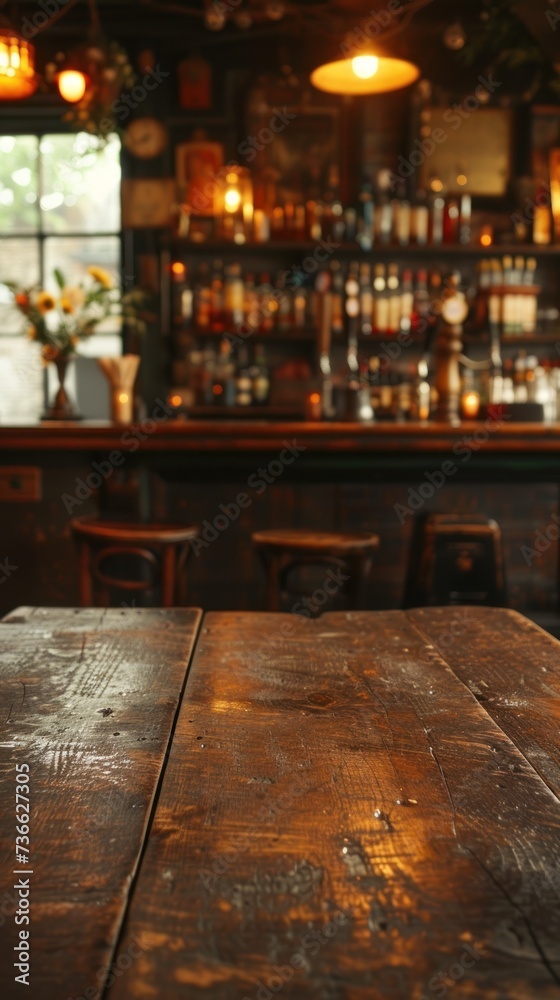 An elegant wooden table sits in front of a dark bar.