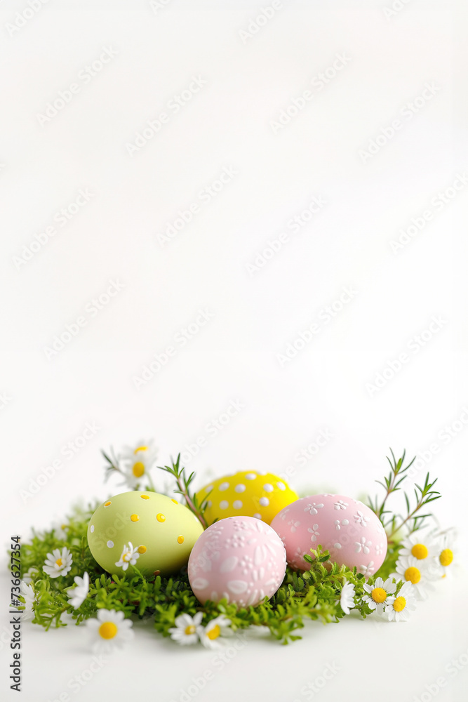 Fototapeta premium Decorative Easter eggs banner over white background. Vertical image with copy space for advertisement