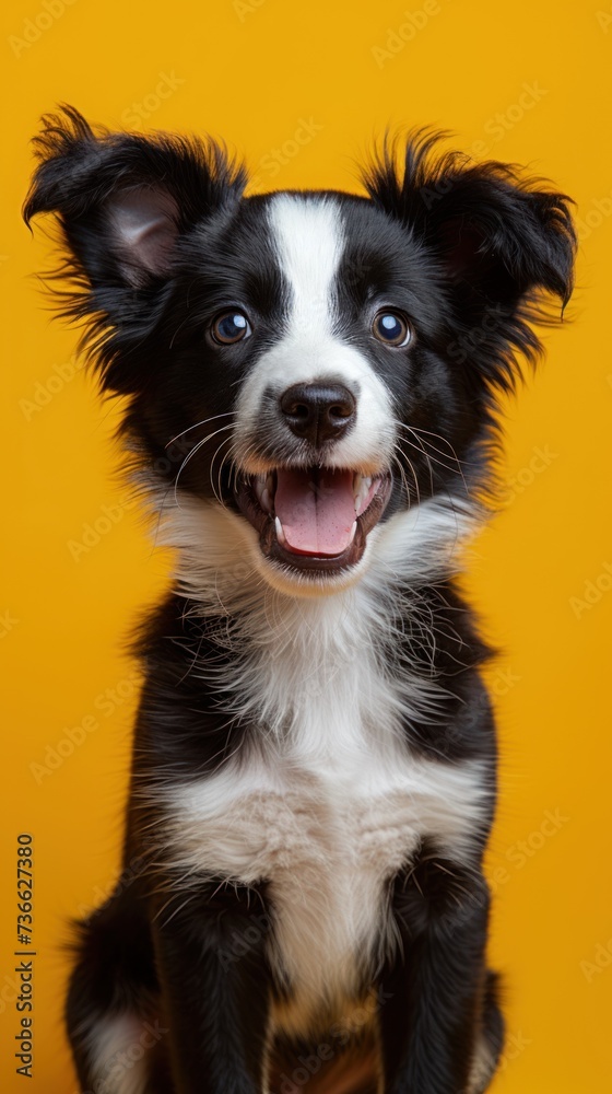 A happy puppy dog with a black and white coat sits on an isolated yellow background, smiling. A happy puppy dog with a black and white coat sits on an isolated yellow background, smiling.