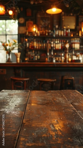 An elegant wooden table sits in front of a dark bar.