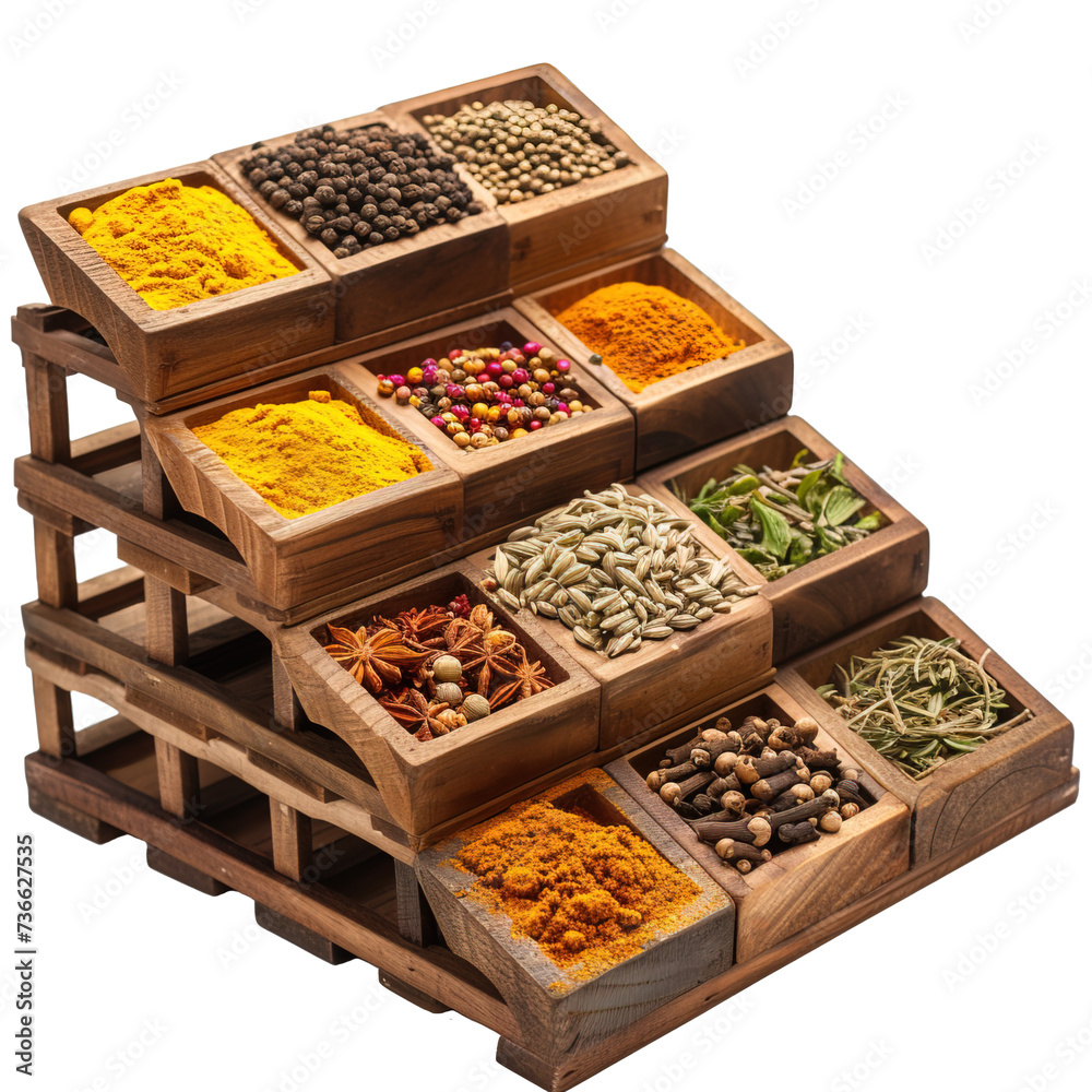 Side view of wooden spice racks with aromatic and colorful spices and herbs over white transparent background Side view of wooden spice racks with aromatic and colorful spices and herbs over white transparent background