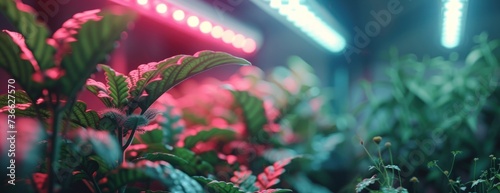 A photo showcasing a variety of plants being grown in an indoor space illuminated by high-tech vertical farm artificial lighting. photo