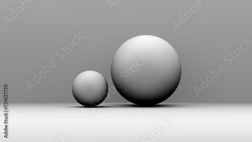 Sphere, two matte gray balls. Geometric round shapes, balls concept, banner. 3D render © Binkontan
