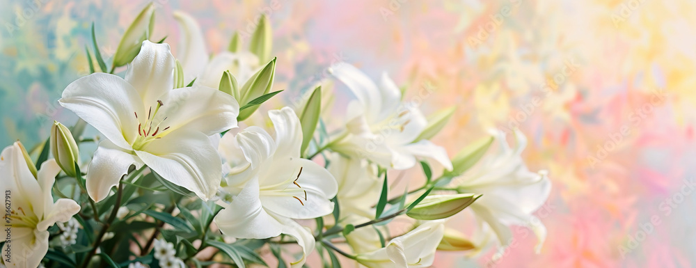 Obraz premium Close up banner with bouquet of white flowers lilies with copy space for text