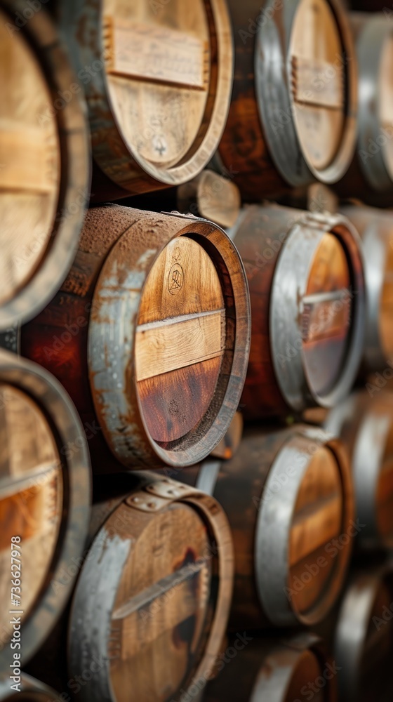 Close-up of a bunch of wine barrels stacked on top of each other at the winery.