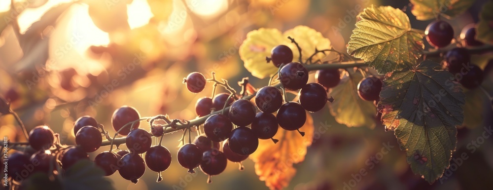 A branch with natural blackcurrant berries hanging in abundance against a blurred background. - obrazy, fototapety, plakaty 
