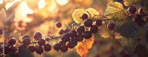 A branch with natural blackcurrant berries hanging in abundance against a blurred background. photo