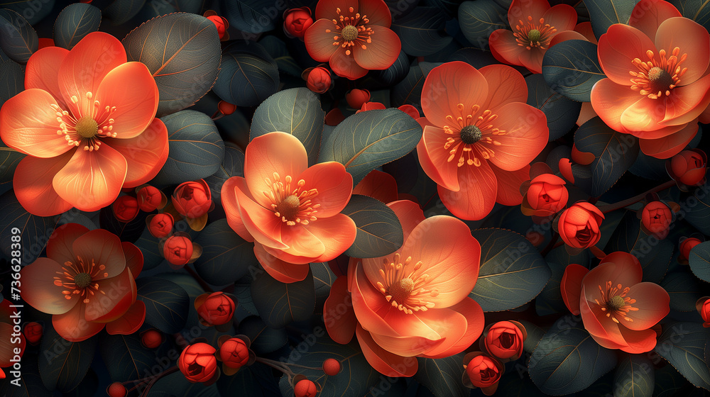Bright orange flowers on a dark background. - obrazy, fototapety, plakaty 