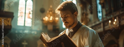 A Catholic priest stands in a church, holding a book in his hands.