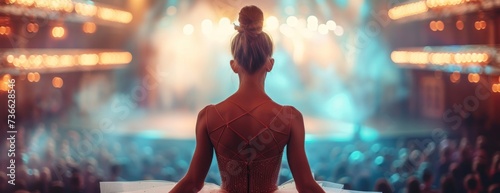 A ballerina in a red dress sits in front of a stage during her performance. photo