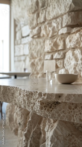 Closeup of a limestone table with a bowl placed on top of it.