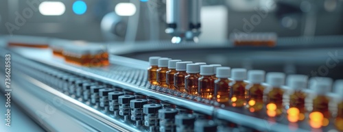 A row of pharmaceutical medical vials filled with liquid on a conveyor belt during the packaging process. photo