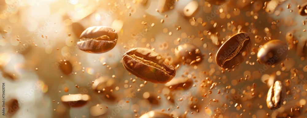 A captivating image capturing coffee beans gracefully floating in the air against a light background. - obrazy, fototapety, plakaty 