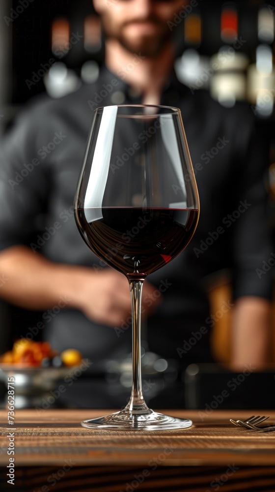 A male sommelier sits at a table holding a glass of red wine in the background.