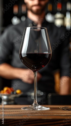 A male sommelier sits at a table holding a glass of red wine in the background. © FryArt