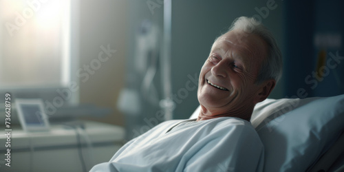 an elderly hospitalized man lying on a hospital stretcher, smiling happily. Hospital environment background, generative AI photo