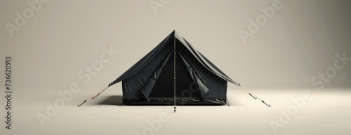 A dark modern camping tent sits atop a white floor.