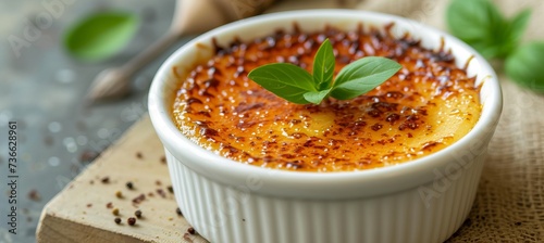 Decadent creme brulee dessert with space for text, a tasty french burnt cream served at a restaurant photo
