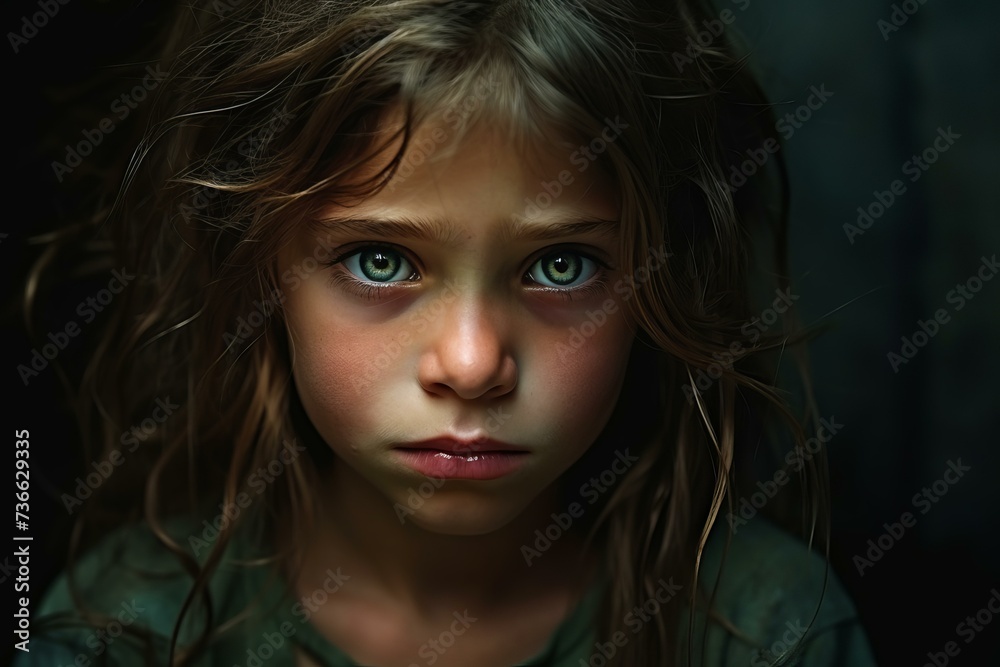 Poorness on child face. Desperate expression in child sad eyes. Generate ai Poorness on child face. Desperate expression in child sad eyes. Generate ai