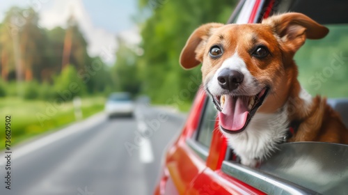 Happy dog with head out of the car window having fun