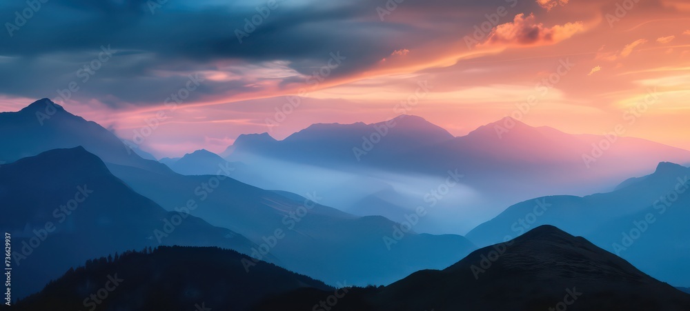 Obraz premium A beautiful, colorful, abstract mountain landscape in a mystic purple and orange tonality. Decorative, artistic look.