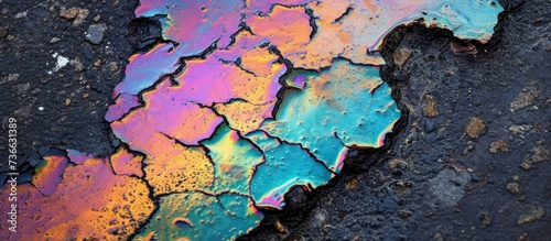Colorful gas stain on wet asphalt creating an abstract rainbow effect, serving as a textured background due to a vehicle leak.