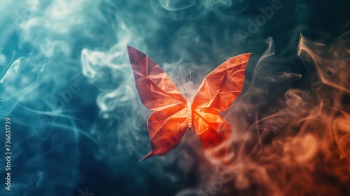 Flying fiery sparkling fire butterfly on black background.