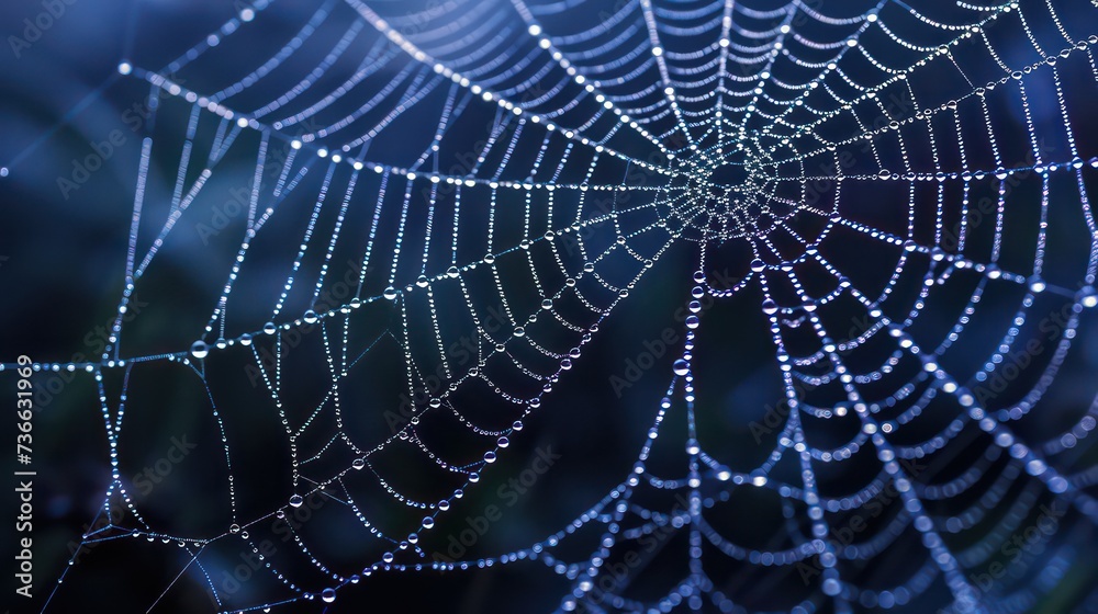 Naklejka premium Spider web, plants and dew drops close-up. Natural pattern. Golden background. Soft sunlight. Macrophotography, graphic resources, insects, environmental conservation. Panoramic view, copy space