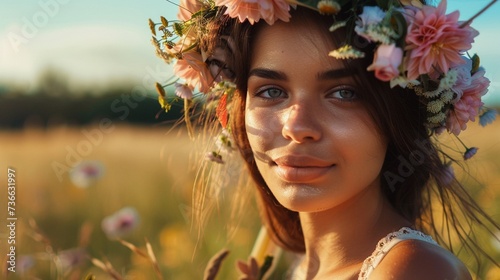 Beautiful mixed race young woman with flower wreath isolated on spring field with copy space. photo