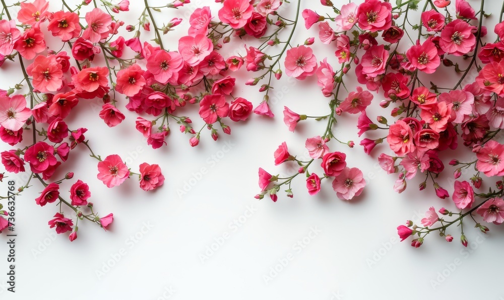 Fototapeta premium Romantic pink floral arrangement on a soft background. Serene pink blossoms creating a tranquil zen-like pattern. Delicate pink flowers in a creative flatlay composition for spring.