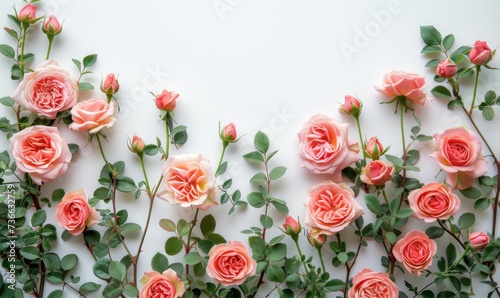 Pastel pink roses and rosebuds arranged on a white background with space for text. Flatlay design of pink floral arrangement for a romantic setting.