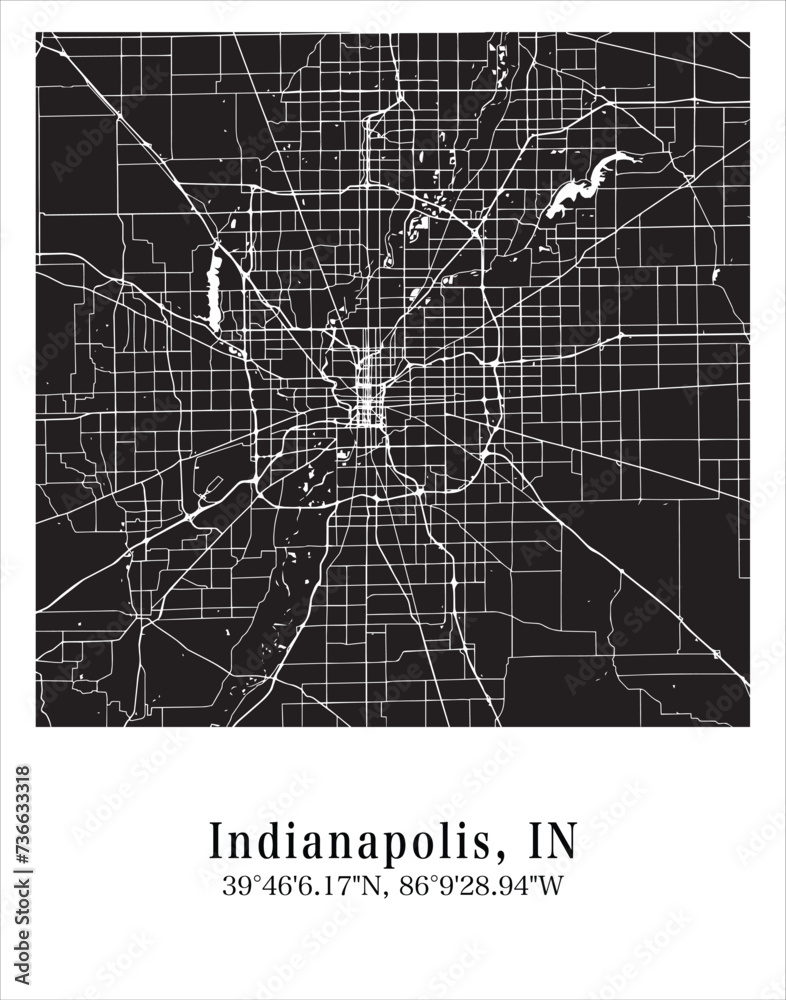 Indianapolis city map. Travel poster vector illustration with coordinates. Indianapolis, Indianapolis, The United States of America Map in dark mode.