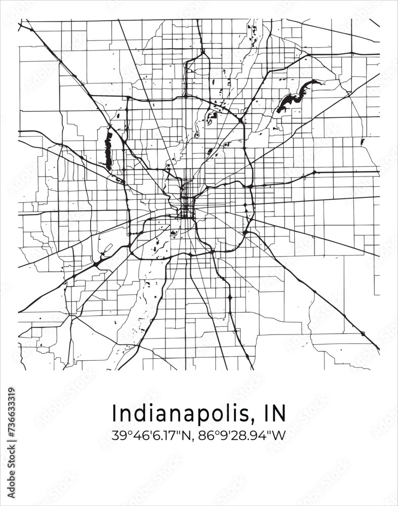 Indianapolis city map. Travel poster vector illustration with coordinates. Indianapolis, Indianapolis, The United States of America Map in light mode.