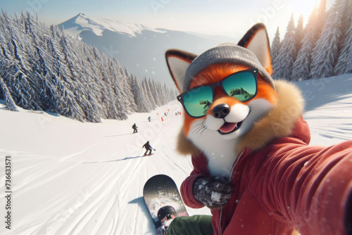 Generated image of a funny fox on a snowboard in the snow, doing selfie, close up portrait shot, sunlight, winter time, vacation,