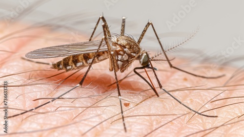 Close up view of mosquito sucking blood on human hand with copy space for text placement