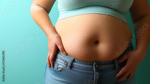 Close up view of woman s obese body with visible belly fat pad, illustrating the concept of obesity