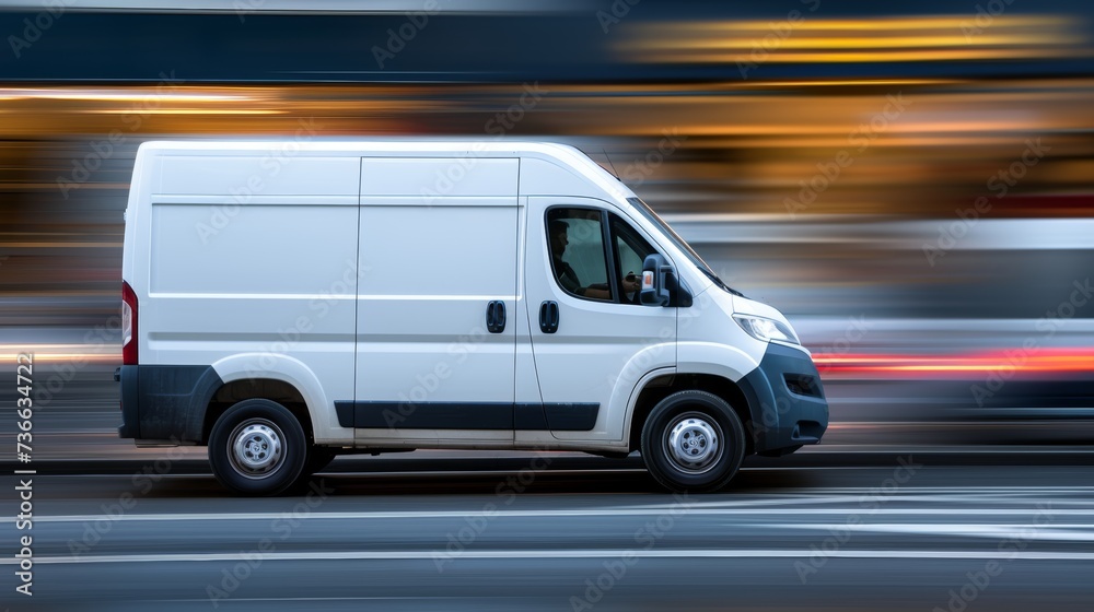 Fast moving white modern delivery van transporting small shipment on motorway road to urban suburb Fast moving white modern delivery van transporting small shipment on motorway road to urban suburb