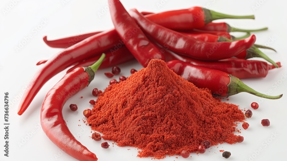 Isolated red chili peppers and powder on white background for culinary use and spicy recipes Isolated red chili peppers and powder on white background for culinary use and spicy recipes