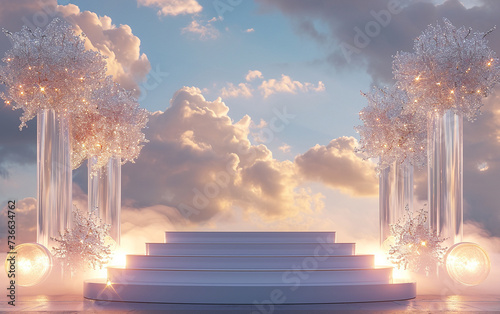 Background pink podium sky 3d platform luxury product beauty display render heaven dreamy stage. Pink stand smoke scene podium white background pastel romantic space sunset abstract backdrop light