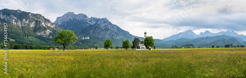 Bild auf Leinwand Panorama of Saint Coloman church near the Neuschwanstein castle