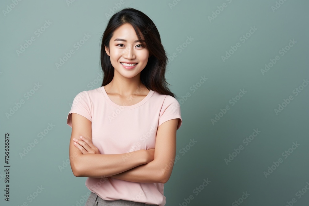 Portrait of happy asian woman smiling posing confident cross arms on chest standing against studio b Portrait of happy asian woman smiling posing confident cross arms on chest standing against studio b