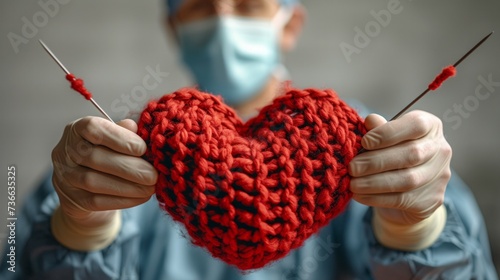 A cardiac surgeon wearing a face mask holds a heart-shaped knitted object made with red wool. photo
