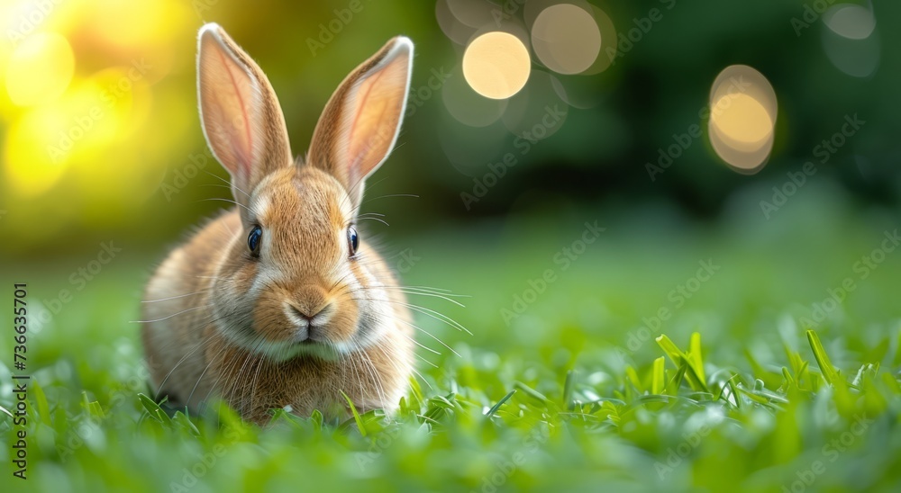Fototapeta premium Beautiful Furry Easter Rabbit Bunny on Sunny Meadow. Bokeh Lights, Spring Garden, Traditional Easter Scene.