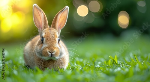 Beautiful Furry Easter Rabbit Bunny on Sunny Meadow. Bokeh Lights, Spring Garden, Traditional Easter Scene.
